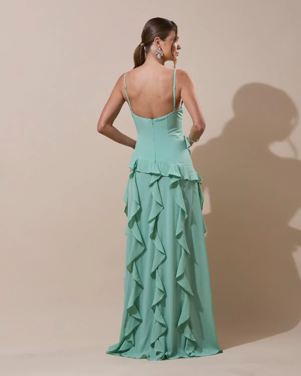 Vestido de Festa Longo Decote V Crepe Chiffon Babados Cascata e Fenda Verde Menta