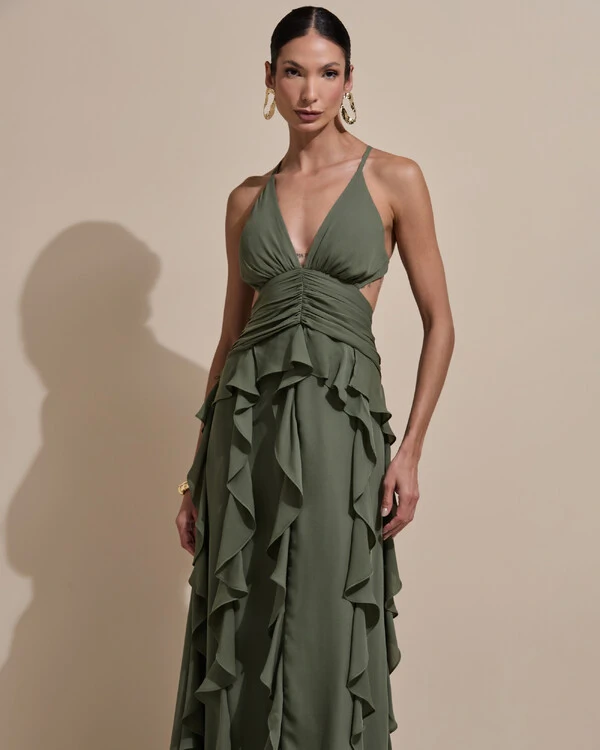 Vestido de Festa Longo Decote V Recortes Drapeado Crepe Chiffon Babados Cascata Verde Oliva
