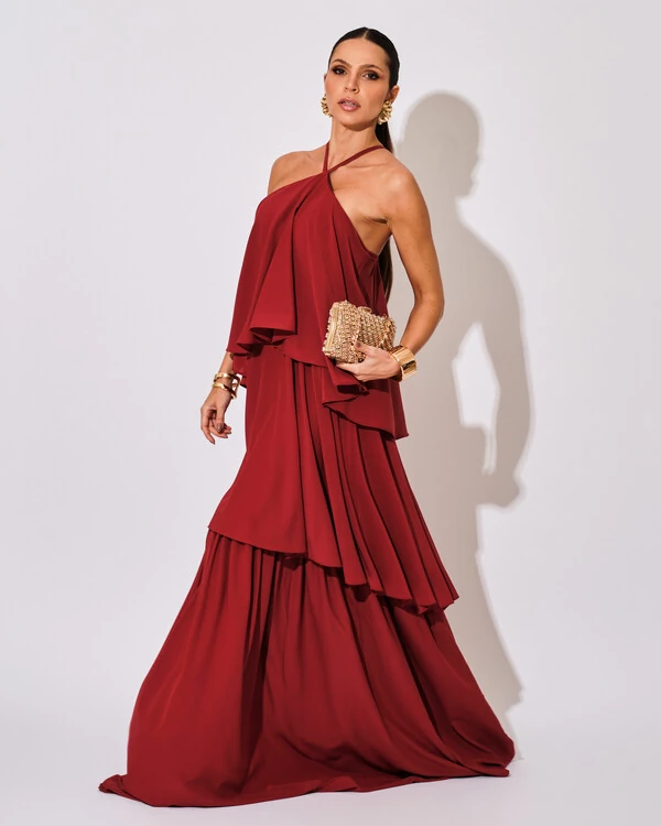 Vestido Longo Babado em Camadas Marsala Escuro