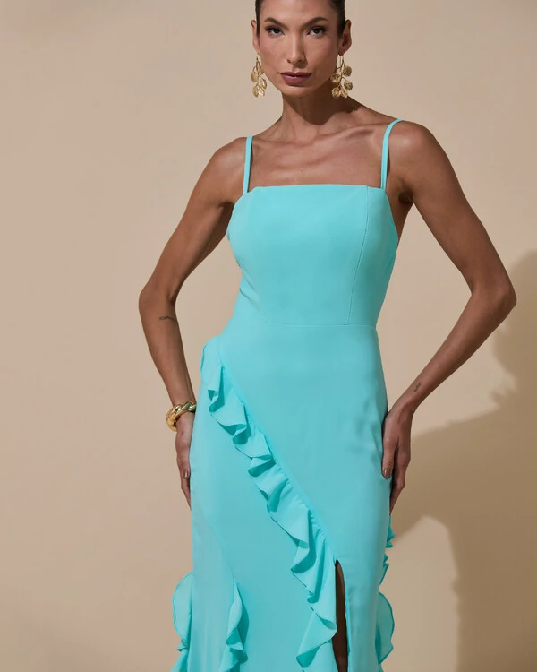 Vestido de Festa Longo Alças Finas Crepe Chiffon Babado Cascata Fenda Costas V Tiffany