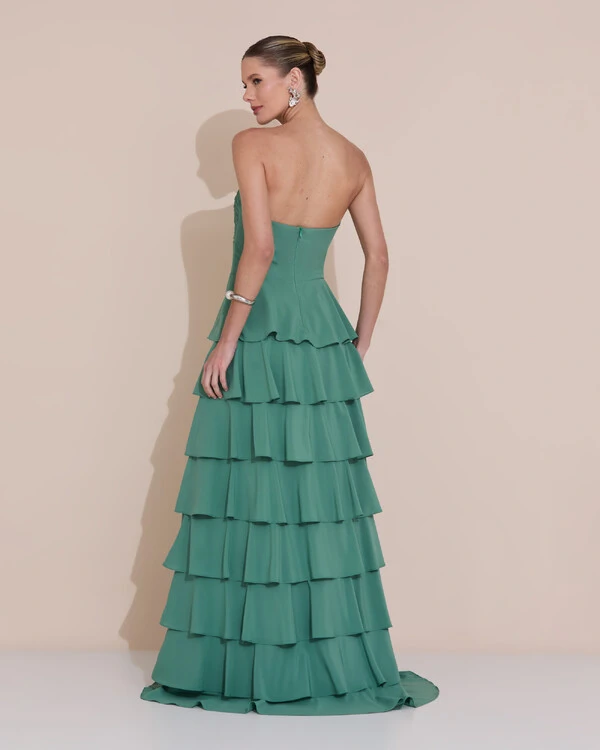 Vestido de Festa Longo Crepe Chiffon Tomara que Caia Plissado Flor Camadas Verde Matcha Escuro