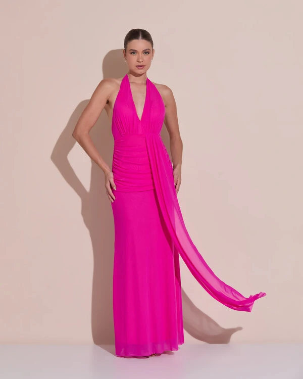 Vestido de Festa Longo Frente Única Decote V Tule Drapeado Faixa Pink New