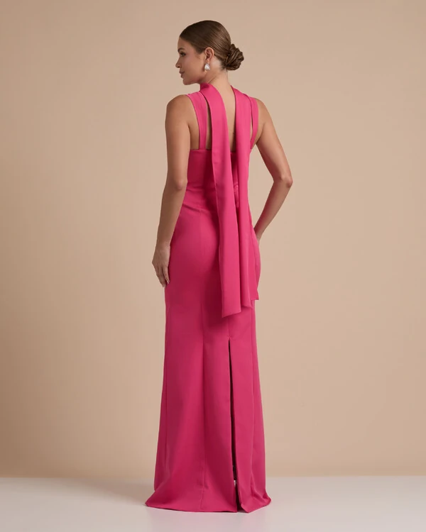 Vestido de Festa Longo Alfaiataria Alça Larga e Lenço Pink