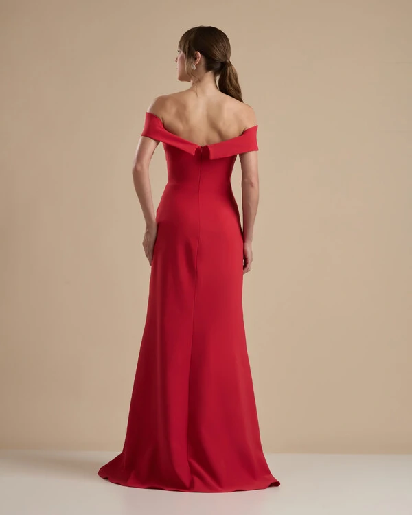 Vestido de Festa Longo Alfaiataria Ombro a Ombro com Fenda Vermelho