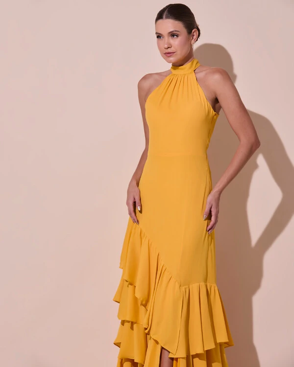 Vestido de Festa Longo Chiffon Crepe Gola Alta Babados Laranja Manga New
