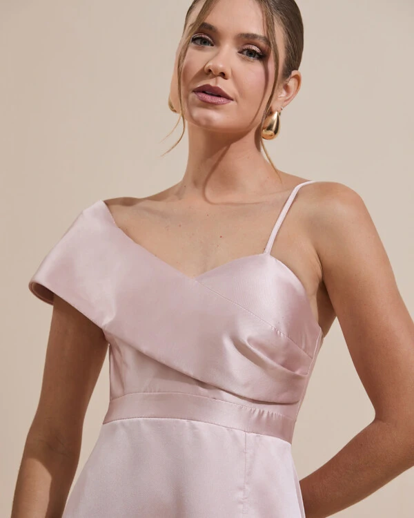 Vestido de Festa longo Faixa Ombro e Fenda Zibeline Rosa Nude
