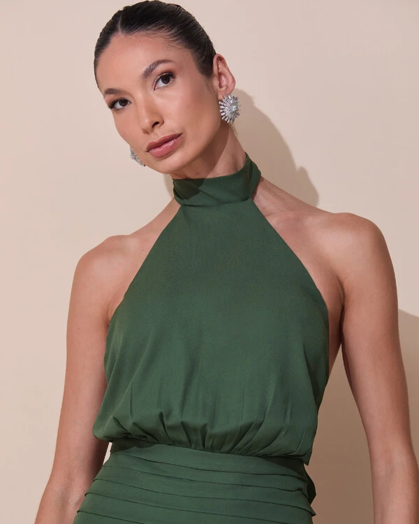 Vestido de Festa Longo Frente Única Busto Blousê Crepe Chiffon Drapeado Verde Escuro