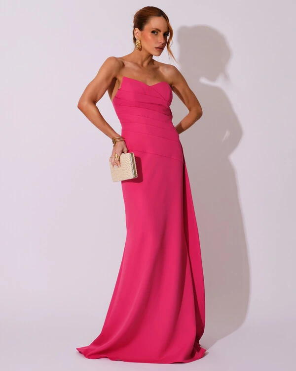 Vestido de Festa Longo Alfaiataria Tomara que Caia Drapeado Faixa Pink