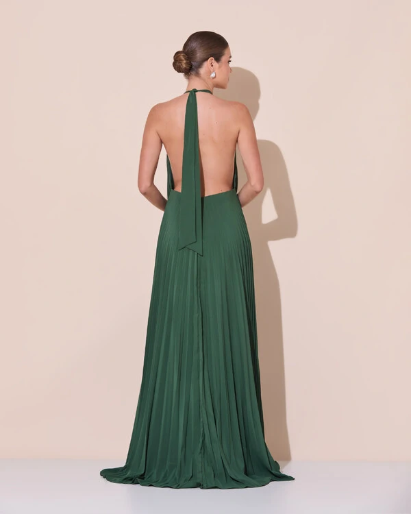 Vestidos de Festa Longo Chiffon Fluido Frente Única Plissado Duplo Verde Escuro New