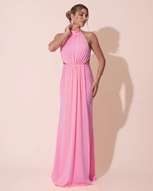 Vestido de Festa Longo Malha Jersey Gola Alta Saia Sereia Rosa New