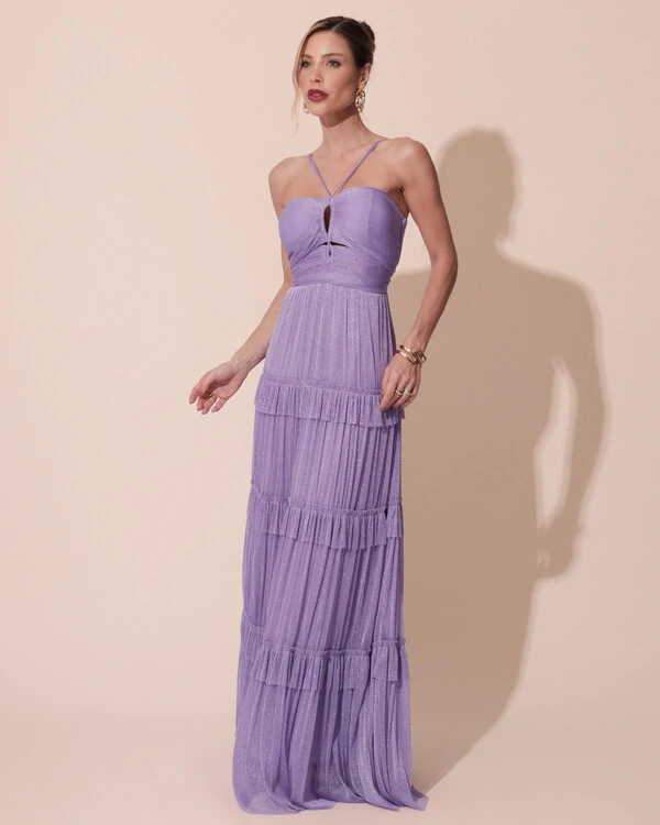 Vestido de Festa Longo Tule com Saia Babado Lilás