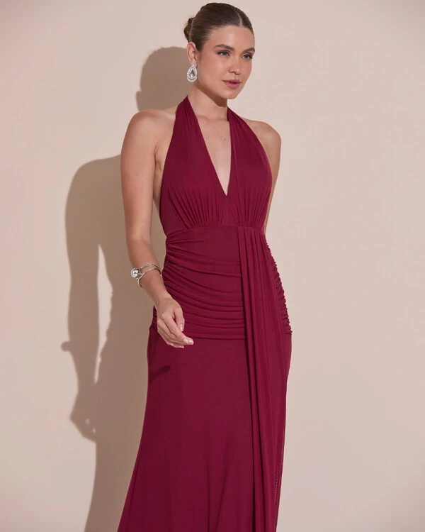 Vestido de Festa Longo Frente Única Decote V Tule Drapeado Faixa Marsala