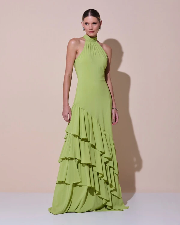 Vestido de Festa Longo Chiffon Crepe Gola Alta Babados Verde Claro