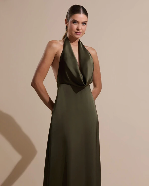 Vestido de Festa Longo Frente Única Degagê Cetim Fluido Verde Oliva