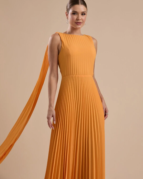 Vestido de Festa Longo Crepe Chiffon Plissado com Lenço nas Alças Laranja Manga