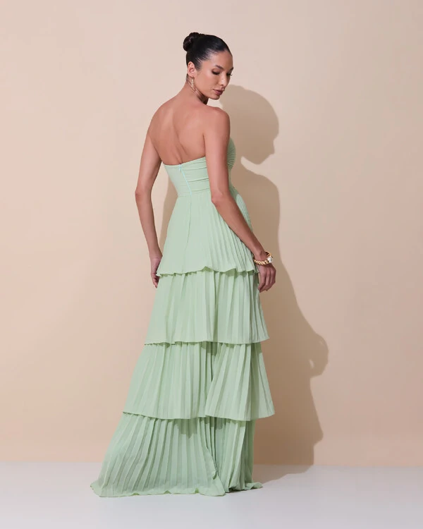 Vestido de Festa Longo Tomara que Caia Crepe Chiffon Plissado Camadas Verde Menta New