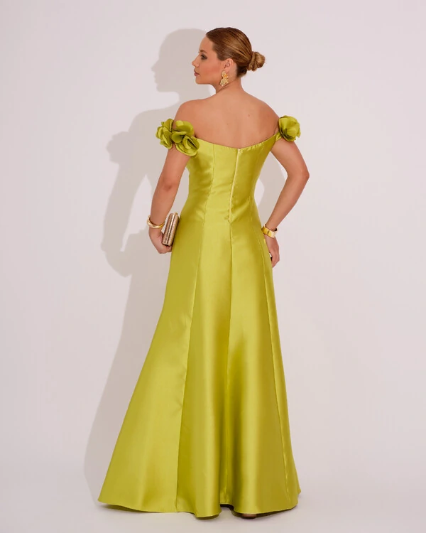 Vestido Longo de Festa Zibeline Ombro a Ombro com Flores e Fenda Verde Lima