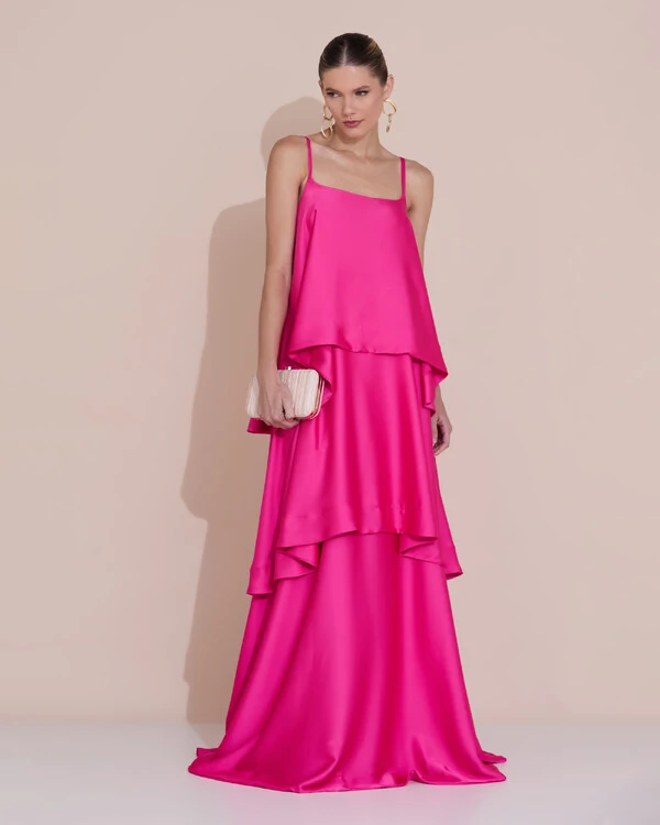 Vestido de Festa Longo Decote Reto Alças Finas Cetim Camadas Pink