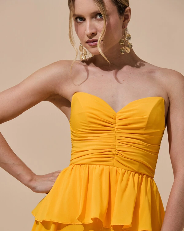 Vestido de Festa Longo Crepe Chiffon Tomara que Caia Peplum Drapeado Laranja Manga New