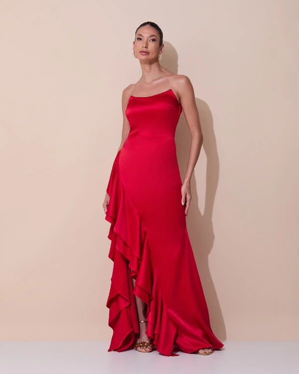 Vestido de Festa Longo Tomara que Caia Cetim Babado Fenda Vermelho