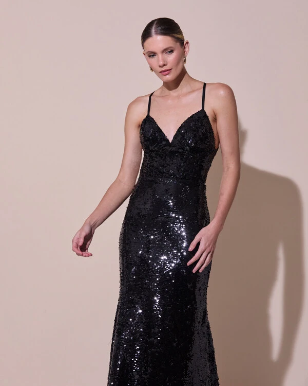 Vestido de Festa Longo Decote V Paetê Alças Finas Saia Sereia Preto
