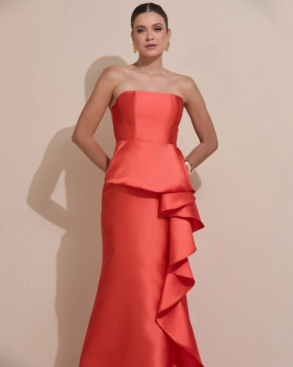 Vestido de Festa Longo Tomara que Caia Babado Cascata Laranja