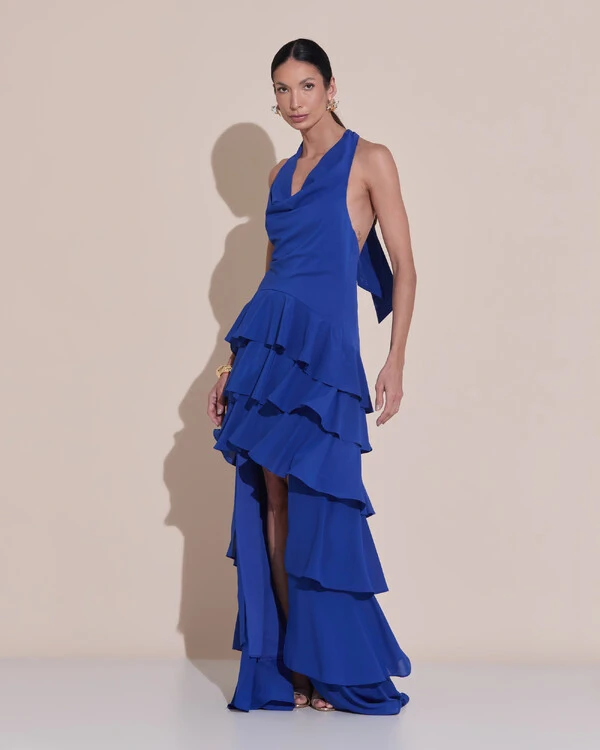 Vestido De Festa Longo Frente Única Degagê Crepe Chiffon Babados Mullet Azul Royal