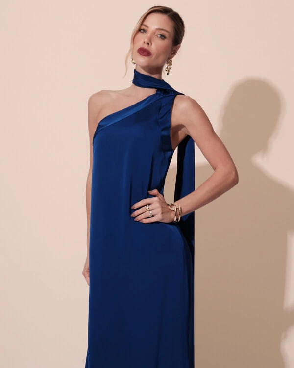 Vestido de Festa Longo Cetim Fluido Um Ombro Só Azul Royal New