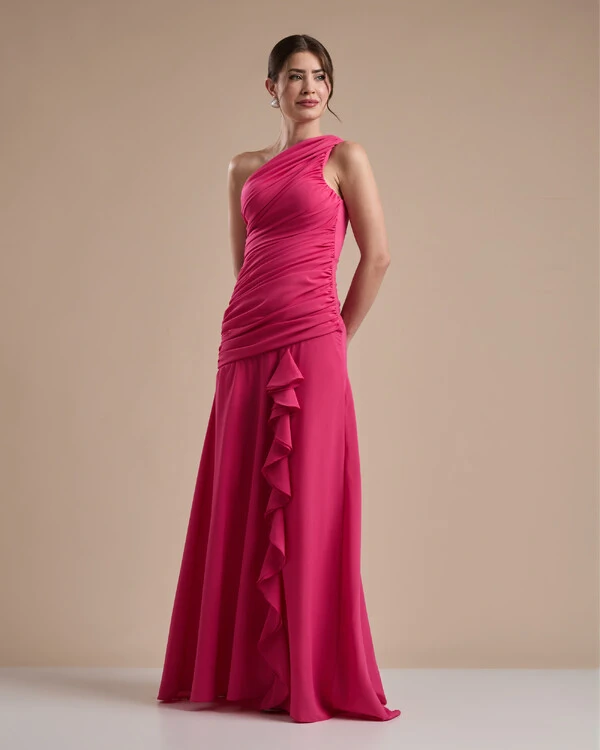 Vestido de Festa Longo Crepe Chiffon Um Ombro Só Drapeado com Babado Cascata Pink New