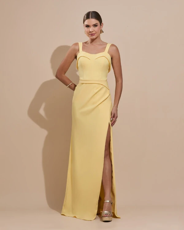Vestido de Festa Longo Alfaiataria Decote Coração com Alças e Fenda Amarelo Manteiga