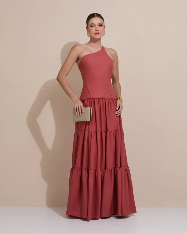 Vestido de Festa Longo Um ombro Só Crepe Chiffon Saia Fluida Terracota
