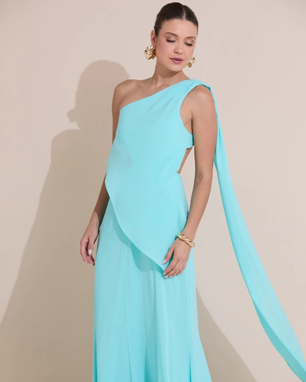 Vestido de Festa Longo Um Ombro Só Crepe Chiffon Lenço Tiffany