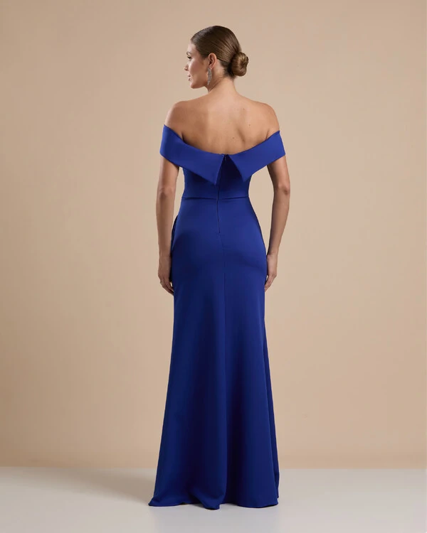 Vestido de Festa Longo Ombro a Ombro com Fenda em Alfaiataria Azul Royal