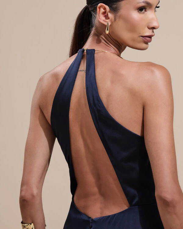Vestido de Festa Longo Cetim Fluido com Argola Frente Única Azul Marinho