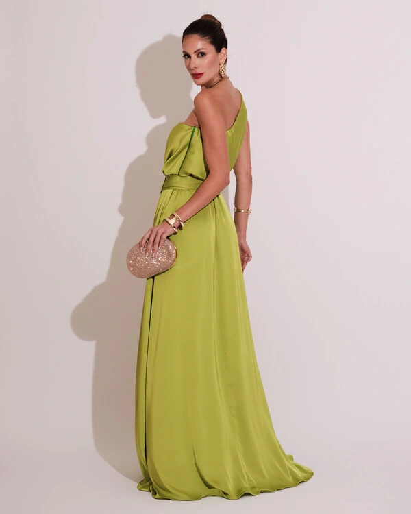 Vestido Longo um Ombro com Busto Blousê e Fenda Verde Lima