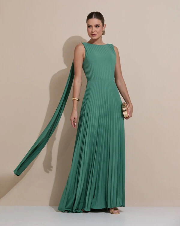Vestido de Festa Longo Crepe Chiffon Plissado com Lenço nas Alças Verde Matcha Escuro