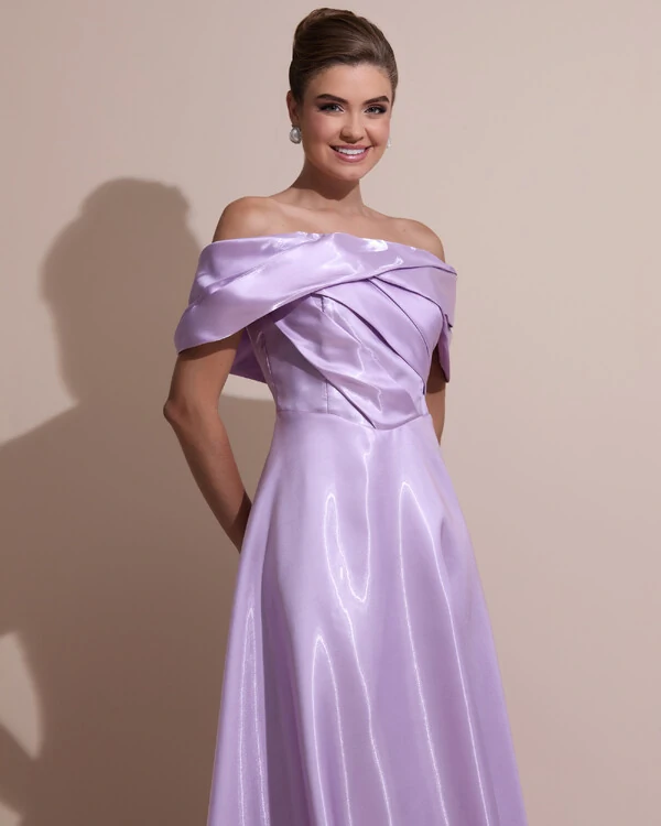 Vestido de Festa Longo Cetim Cristal Ombro a Ombro Drapeado Lilás