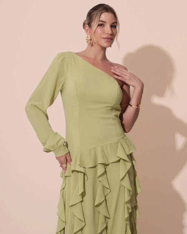 Vestido de Festa Longo Crepe Um Ombro Só Manga Longa e Babados Cascata Verde Garden