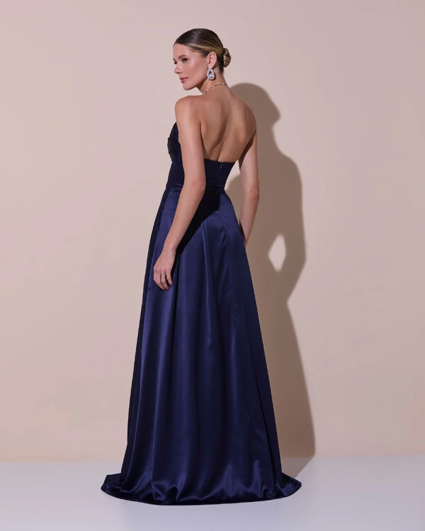 Vestido de Festa Longo Tomara que Caia Cetim Decote Coração Fenda Azul Marinho Escuro
