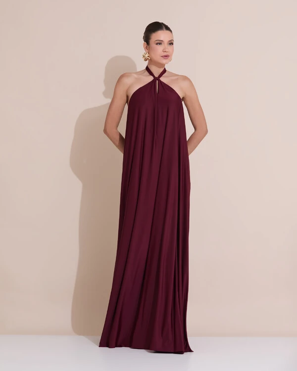 Vestido Longo com Amarração em Malha Marsala Escuro