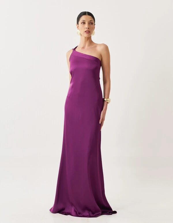 Vestido de Festa Longo Cetim Fluido Um Ombro Só Amarração Costas Roxo