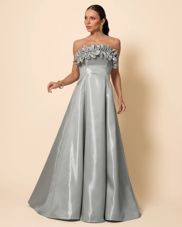 Vestido de Festa Longo Cetim Cristal Tomara que Caia com Flor 3D Verde Menta