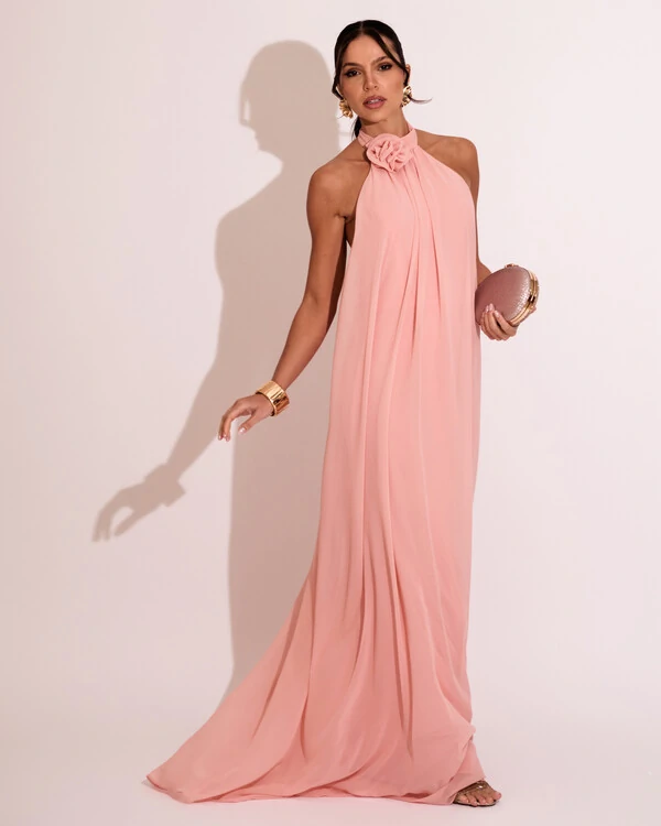 Vestido Longo Crepe Frente Única Fluido Flor Removível Rosa
