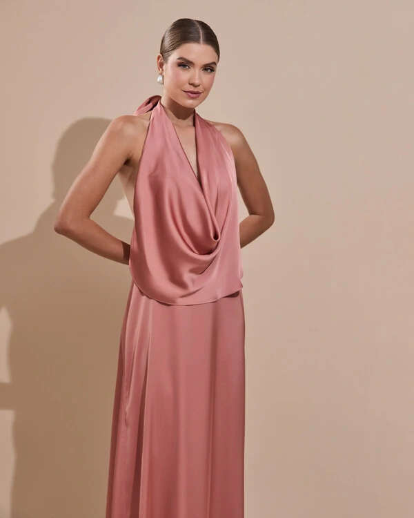 Vestido de Festa Longo Cetim Fluido Frente Única Degagê Mil Formas Rosa Blush