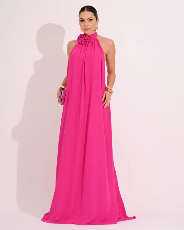 Vestido Longo Crepe Chiffon Frente Única Fluido Flor Removível Pink