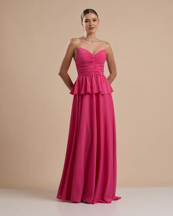 Vestido de Festa Longo Crepe Chiffon Tomara que Caia Peplum Drapeado Pink New