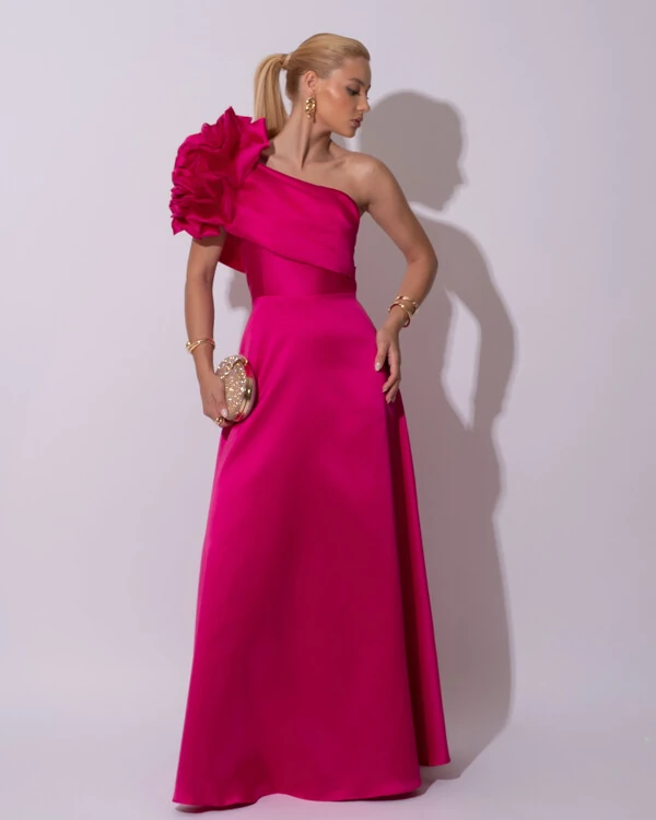 Vestido de Festa Longo Zibeline um Ombro Só Flor Drapeado Pink