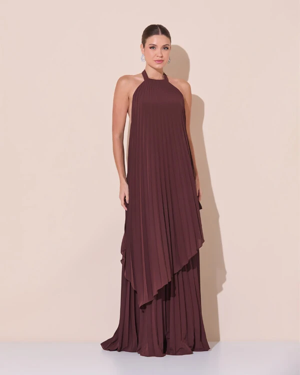Vestidos de Festa Longo Chiffon Fluido Frente Única Plissado Duplo Marrom