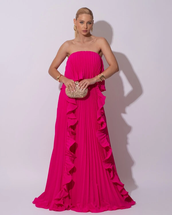 Vestido de Festa Longo Crepe Chiffon Tomara que Caia Plissado com Babado Cascata Pink
