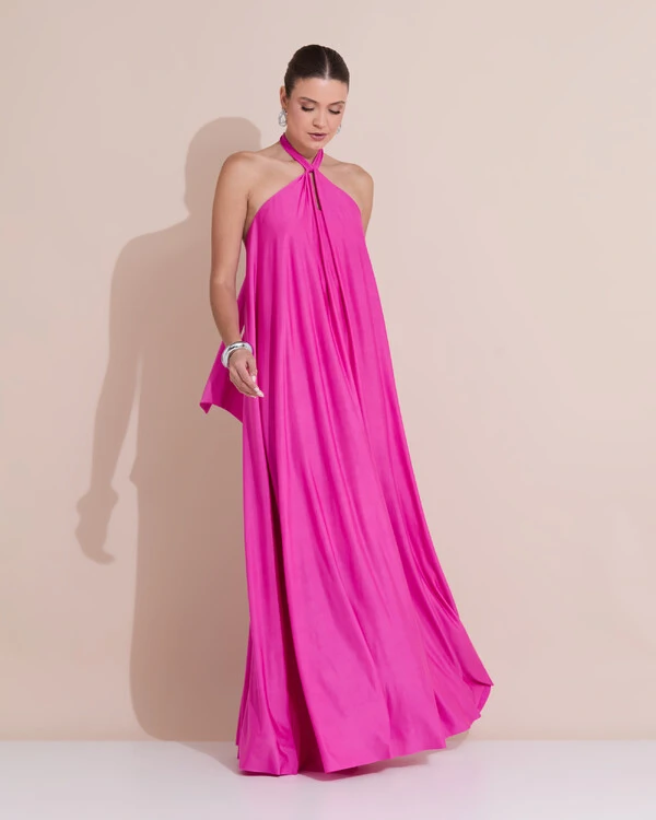 Vestido Longo com Amarração em Malha Pink